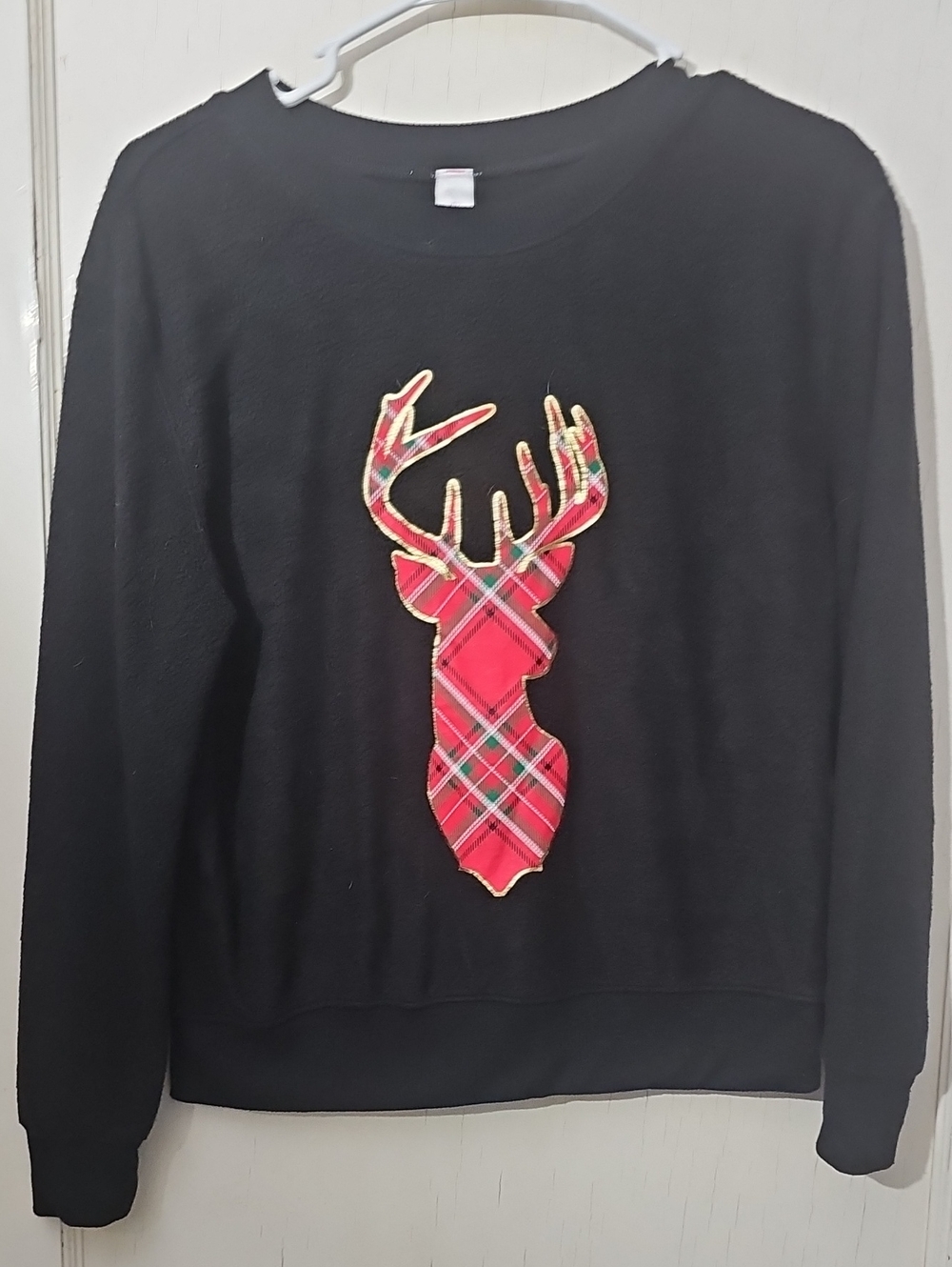 Black Womens Sweatshirt with Red Plaid Deer Applique